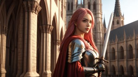 medieval European city,yuukananri,green eyes,close-up of a female knight wearing a red cape,with long pink hair,holding a sword,walking through the city streets,highly detailed red cape with intricate embroidery,close-up shot,upper body view,majestic medieval architecture in the background,gothic style buildings,cobblestone streets,realistic photography style,cinematic look,sunlight casting long shadows,epic atmosphere,intricate stonework on buildings,towering spires,large cathedrals,warm golden light,cape slightly blowing in the wind,historical details on armor,backlit,depth of field,blurred background highlighting ancient architecture,heroic and confident expression,deep depth of field,highly detailed textures,perfect lighting,(masterpiece:2),(best quality:1.1),ultra highres,original,extremely detailed,perfect lighting,Cinematic Lighting,<lora:yuukananri-base-01-XL:0.6>,<lora:detailed_notrigger:1>,<lora:MJ52_v2.0:0.3>,