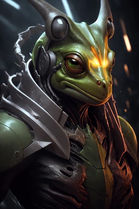 <lora:sh4g0d-000008:1> sh4g0d green frog, portrait, epic, rim light, mechanized