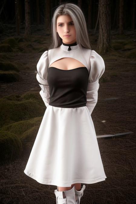 Expressiveh, (Masterpiece, best quality:1.2), score_9, score_9_up, solo, , soft shading, strong lighting, (anatomically correct), cute, best high quality, high res, reflection, 1girl, 28 years old, small breasts,  photo realistic, white flower in hair, lipstick, long hair, grey hair with white highlights, messy hair, two long white tufts, clothes, black top, white skirt, white arm prothesis, boots, face focus, seductive look, holding a sword, forest background