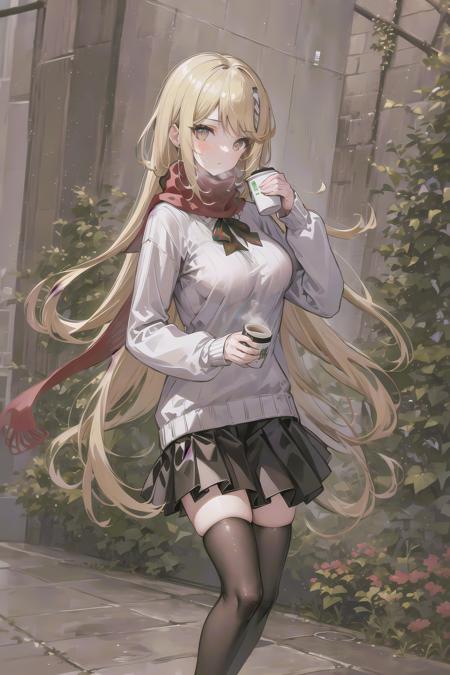 masterpiece,best quality,Christmas, commercial street, 1girl, (mythra:0.5),(long hair),(blonde hair), solo,white sweater, red scarf, black striped skirt, black stockings,(Coffee bottle in hand),drinking,standing in front of a fountain ,greeting you, <lora:hikari_v1:0.8>