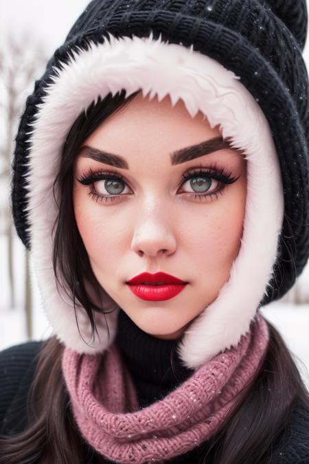 photo of a woman, grace:0.99,((beautiful black hair, short hair):1.2) ((warm hat, scarf, turtleneck sweater)), ((closeup, portrait):1.2),((outdoors, snow):1.1),((red lipstick,heavy eyeliner, heavy eye shadow, blush):1.2), ((best quality, masterpiece, extreme details, high resolution):1.2),((detailed eyes, beautiful eyes, detailed face, beautiful face):1.2)