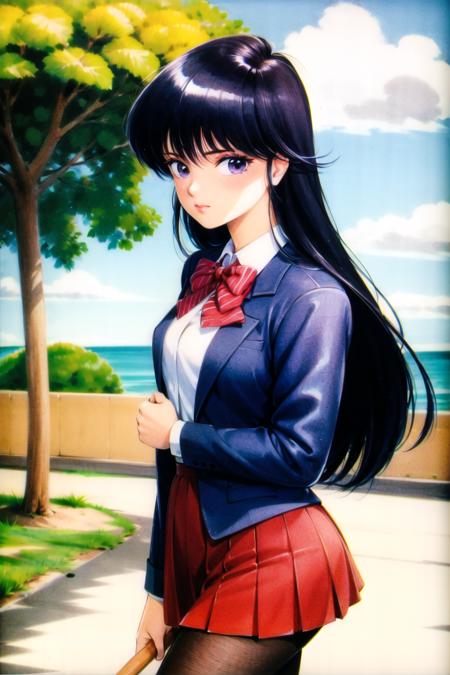 takada akemi,

(komi shouko), 1girl, bangs, black pantyhose, blazer, blue jacket, blush, bow, bowtie, breasts, closed mouth, collared shirt, cowboy shot, diagonal-striped skirt, expressionless, outdoors, highres, jacket, (komi-san wa komyushou desu), long hair, looking at viewer, medium breasts, pantyhose, pleated skirt, purple eyes, purple hair, red bow, red bowtie, red skirt, school uniform, shirt, skirt, solo, striped, striped bow, striped bowtie, striped skirt, swept bangs, white shirt,

1980s \(style\), painting \(medium\), retro artstyle, watercolor \(medium\),

<lora:takada_akemi_offset:1>  <lora:komi_shouko:0.5>