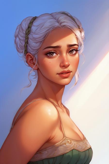 The image depicts a person with light-colored hair styled in an intricate updo, wearing a green dress with a delicate patterned design. The background is a soft, gradient blue, giving the image a serene and ethereal feel.