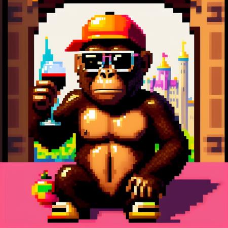 a monkey with a cap and sunglasses, drinking wine, in a castle, <lora:PixelMonke:0.8> pixelmonke, pixel art, white background