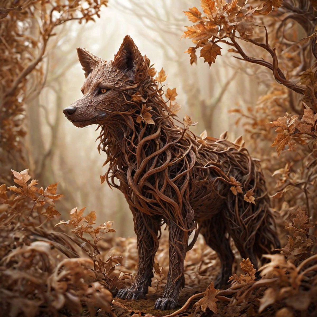 fractalvines, a fluffy mythical female wolf creature made from brown fractal vines,