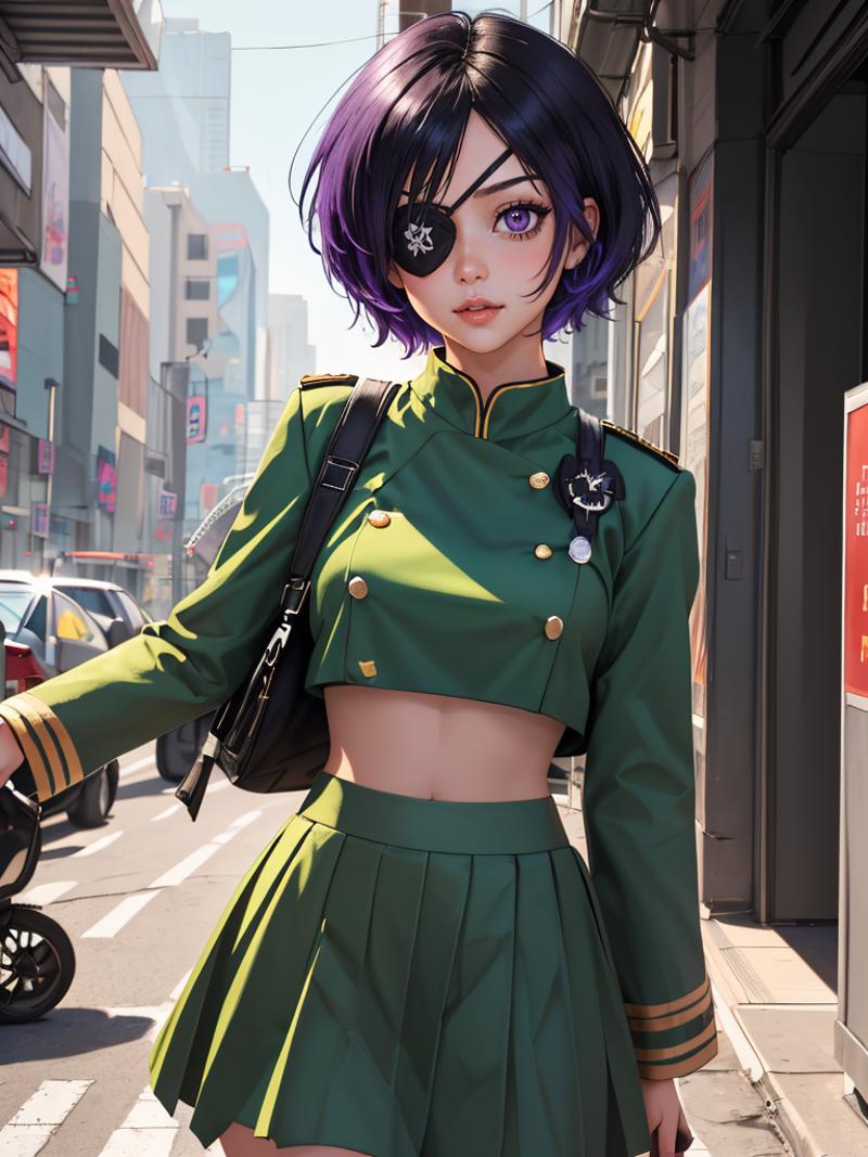 A woman with a green military-style uniform and a purple bang stands on a street, holding a black purse.