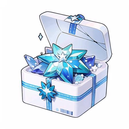 (masterpiece, top quality, best quality, official art, beautiful and aesthetic:1.2),(8k, best quality, masterpiece:1.2),(((white background,))),a blue gift box with a star on top of it and a ribbon around the top of it, white background, flower, no humans, sparkle, gem, blue theme, crystal, blue gemstone, still life, pearl \(gemstone\),<lora:game icon institute_2D:0.5>,