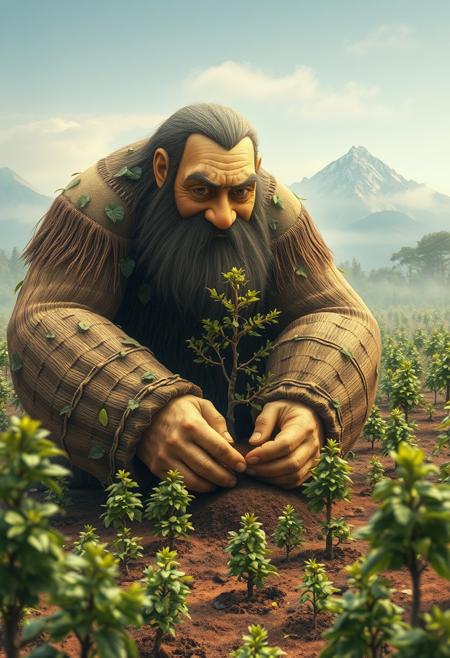 "Gentle giant, with a warm and kind face, tenderly plants a sapling in the earth, surrounded by a sprawling landscape of newly planted trees. The giant's massive hands cradle the delicate tree, as they carefully dig a hole and settle the roots into the soil. A gentle breeze rustles the leaves of the surrounding trees, as the giant's eyes shine with a deep love for nature. The atmosphere is peaceful and serene, with a sense of growth and renewal. In the distance, a misty mountain range rises, with a few wispy clouds drifting lazily across the sky. The giant's clothing is made of natural fibers, with leaves and vines woven into the fabric, blending seamlessly into the surroundings. Style: whimsical, dreamy, and highly detailed, with a focus on capturing the giant's gentle nature and the beauty of the natural world."