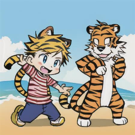 a cartoon boy and cartoon tiger, dressed as pirates, art by <lora:CalvinandHobbes:0.6>