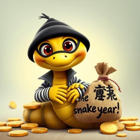 A whimsical movie poster featuring an adorable, cute snake shebaobao with large, expressive eyes and a mischievous grin, cleverly disguised as a bank robber, wearing a sleek black mask and a fitted striped shirt. The snake coils elegantly around a stack of oversized gold coins, playfully clutching a burlap bag labeled "The snake year!".