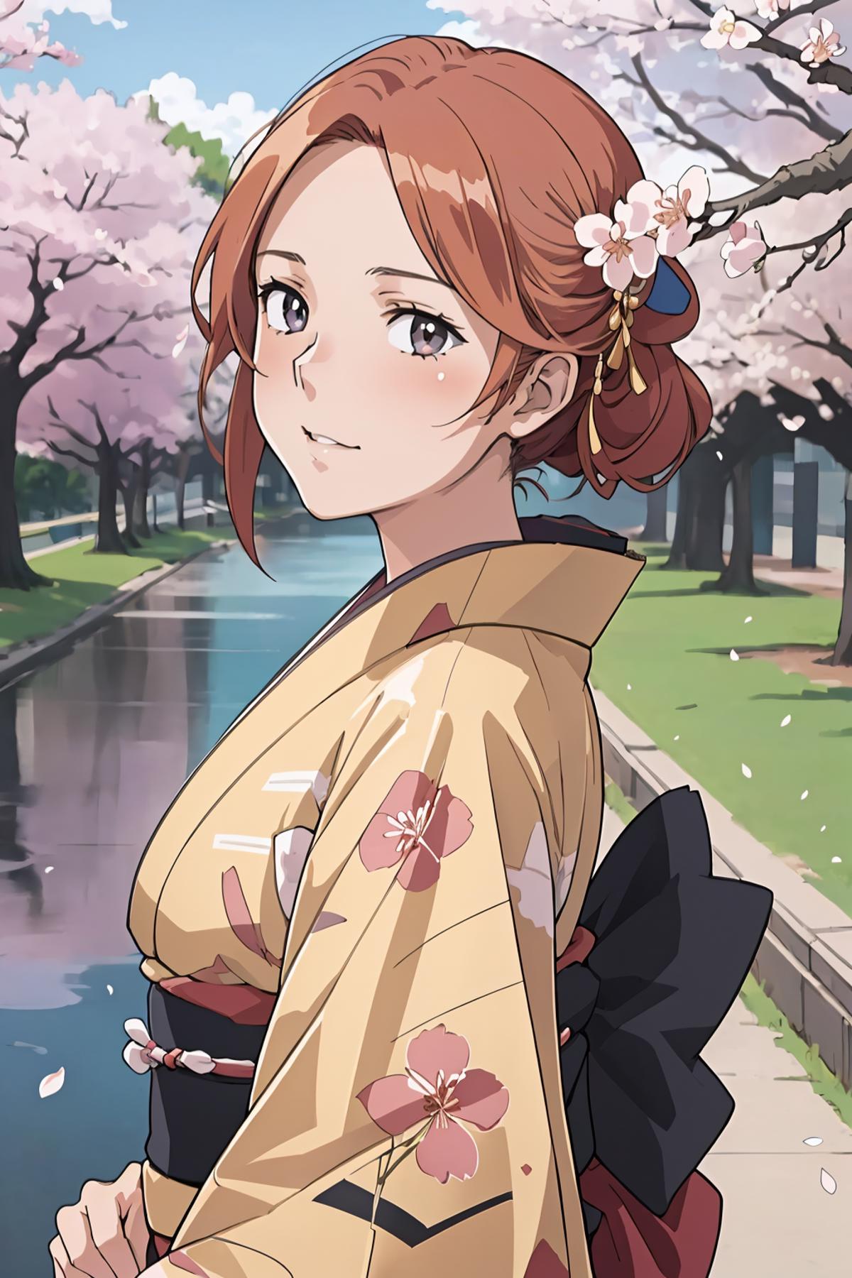 A cartoon girl wearing a kimono and flower in her hair.