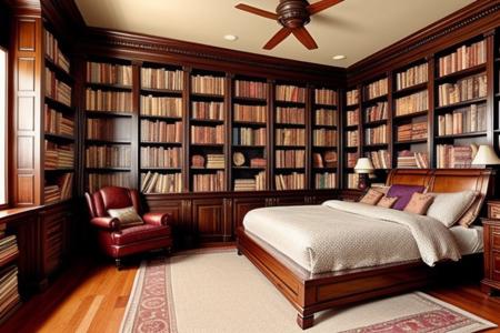 a fantasy bedroom that is also the owner's personal library with books everywhere