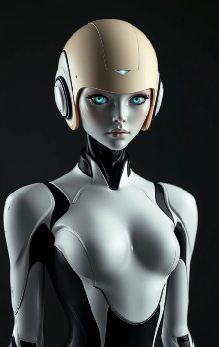 A hyperrealistic, full body shot of a futuristic, androgynous android woman.  Monochromatic white and stark black  design, the android's body is sculpted with smooth, flowing lines.  The costume appears to be a tight-fitting suit with accents of black, emphasizing the curves of the body.  The head is topped with a rounded, light beige/tan helmet-like structure.  Large, teal eyes are prominent, and a small, glowing light or mark is on her forehead. Black shadows are present for dramatic contrast against the entire figure.  The setting is a dark, studio backdrop that accentuates the figure, with a focus on form and shape.  The overall impression is elegance, sophistication, and futuristic design.