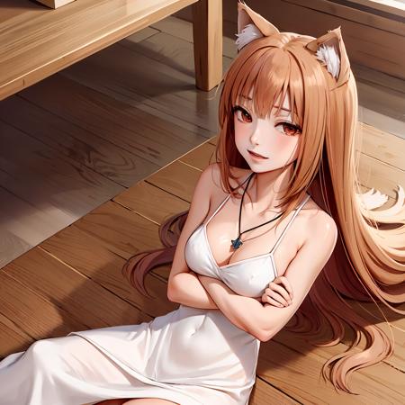 holo, wolf girl, Wrap dress with a dainty heart necklace, actions, auburn hair, small breasts, <lora:holov2:.9>, holov1, masterpiece