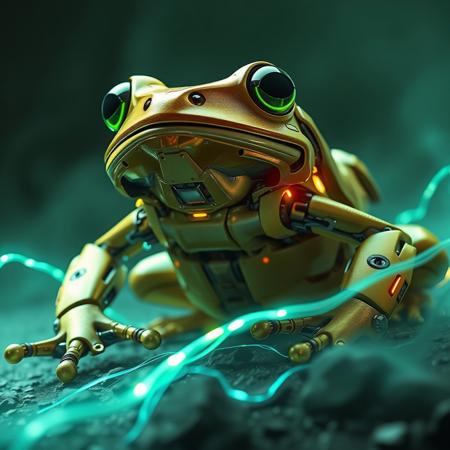 Cybertronic Frog, Robotic Huge Frog, Green and Blue Coloring, Futuristic Sheen, Cinematic View, Massive Experimental Radioactive Frog, High Quality, Sharp Contrast, Melting into Foreground Fragmented Energy, Frog of Mechanical Futuristic, Cinematic View, Grandiose