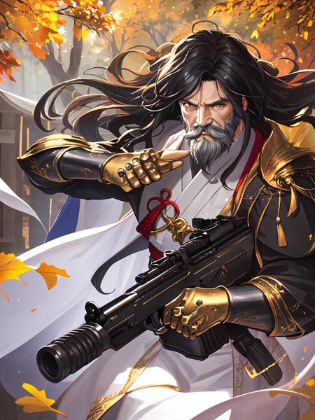 masterpiece,best quality,highres,cinematic lighting,dramatic angle,<lora:ShadowverseKagemitsuV1-000021:0.8> ,1 old man,black hair ,white beard,falling leaves,holding pistol,glock,revolver,pointing at viewer,gun,japanese clothes,armor,ribbons,knots,wide sleeves,gauntlets,jewelry,grey eyes,looking at viewer,close-up,straight-on,portrait,(holding 
 glock,pistol,revolver,tommy gun,machine gun,mp5,ak47,sniper rifle,m4a1,:1.3)