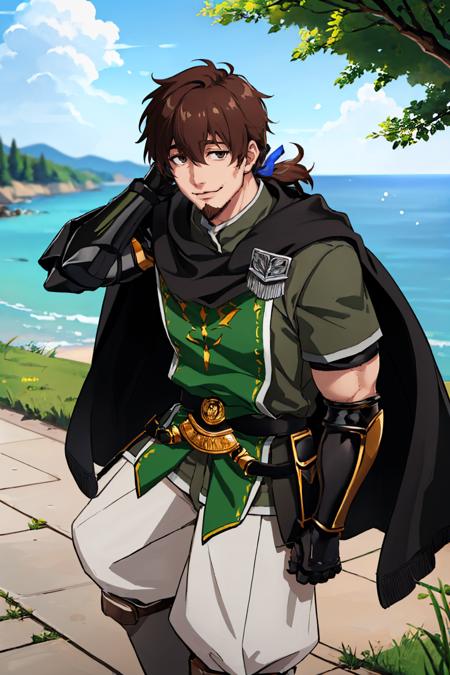 fatehector, ponytail tabard, short sleeves, black cape, fingerless gloves, gauntlets, white pants