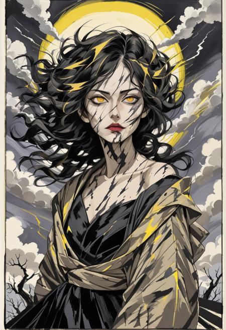 painterly coal, breathtaking detailed, masterpiece, absurdres, awe-inspiring, best quality, vibrant colors, expressionist portrait of a middle agewoman (tomie kawakami) beneath stormy skies, textured like charcoal sketch and oil paint, her dark dress partially transparent, revealing surreal (charcoal outline) of lightning and wind‑blown trees across her shoulders, her pale skin marked with subtle (color burst) contrasts in slate black and ochre,  background dissolves into a blurred tempest with [visual fragmentation] of cloud swirls and debris,  expressive brush strokes forming her outfit and hair caught in motion, dramatic lighting illuminating one side of her face and scattering shadows, abstract composition merging her form with the chaotic sky, [charcoal and paint textures] bleeding into one another,  painterly transitions between sky, skin and cloth, high contrast rendering,