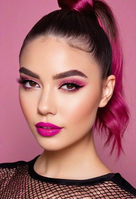An image of a young woman with fair skin and a unique hairstyle that transitions from brunette at the roots to magenta at the ends, styled into a high ponytail. Her facial features include arched eyebrows, hazel eyes with long lashes, and rose-pink lips. She wears a black top with mesh details and a deep V-neckline. The background is soft and neutral with natural lighting highlighting her face.