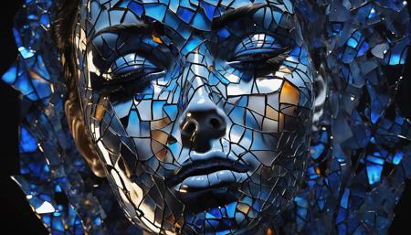 An abstract representation of a woman's face, her skin is made of Made_of_pieces_broken_glass, transparent, glowing dark blue from the inside, breaking through a wall of glass, background is darkness, (dimly lit:1.2), focusing on her vivid eyes