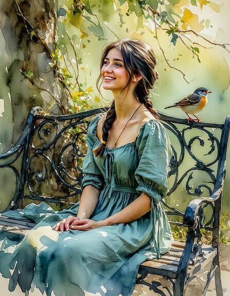 Low-angle close-up of a young woman’s triumphant smile, seated on a weathered wrought-iron bench draped in velvet moss, her linen dress crinkling with sun-warmed resilience. Watercolor gradients bleed sapphire and burnt umber into John Singer Sargent’s loose washes, edged by Katsushika Hokusai’s precise ink lines—crimson-gold gingko leaves swirl in dappled light. Lichen-cracked bench textures contrast her smooth, ochre-touched skin. A hidden sparrow nestles in her ink-black braid; distant cherry blossoms dissolve into misty brushstrokes. Palette: emerald shadows, cadmium yellow highlights, fractured indigo outlines. Mood: serene defiance, roots gripping earth, sky dissolving into pigment.