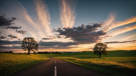 outdoors, sky, cloud, tree, no humans, grass, nature, scenery, sunset, road, field, evening, gradient sky