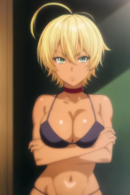 ikumi, anime art style, 1girl, solo, breasts, short_hair, blonde_hair, large_breasts, cleavage, hair_between_eyes, bare_shoulders, medium_breasts, green_eyes, collarbone, upper_body, ahoge, choker, indoors, dark_skin, dark-skinned_female, crossed_arms