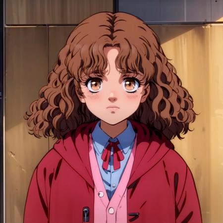 Flair,1little girl,brown hair,medium hair,curly hair,brown eyes, retro artstyle,1980s (style), redjacket,hooded,collared_shirt,red ribbon,ae pink sweater, pleated_skirt, flame_effect, angry,