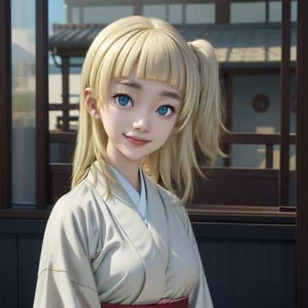 <lora:Shirara V1:0.8> Tsubaki Shirara, blue eyes, blonde hair, blonde thick eyebrows, colored eyebrows, pale skin, (long hair), (blunt bangs),
white kimono, dice pattern, 
<lora:side_up-1.0:0.5> su hair, side up, one side up, 
Masterpiece, Best quality, beautiful, ((upper body)), Human, looking at viewer, crisp, clear, Digital painting, oil painting, best quality, detailed hair, detailed background, detailed body, detailed eyes, full body, cute, smile, medium breast, round breast, perfect body, 1girl, solo, hands, young female,
east asian architecture, japanese clothes,
ultra high resolution, raw photo, deep shadow, low key, natural light,
<lora:Furtastic_Detailer:0.5> <lora:hairdetailer:0.5> <lora:skin_slider_v1:0.5>