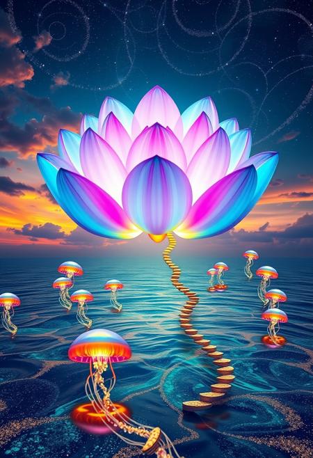 Visualize a colossal, gravity-defying lotus blossom composed of translucent, opalescent petals that refract light into a spectrum of neon hues—vivid turquoise, electric magenta, and luminescent cyan. This otherworldly flower floats above an endless, glassy ocean of liquid stardust, rippling with a hypnotic, kaleidoscopic pattern. Surrounding the lotus, dreamlike, giant floating jellyfish drift serenely, their tendrils glowing with shifting gradients of gold and violet. A sky of molten colors—fiery oranges, deep fuchsias, and intense indigos—melts into surreal, swirling clouds that echo abstract, fractal designs. Enigmatic, shimmering constellations spiral and twist through the atmosphere, merging seamlessly with the ocean's ethereal reflections. Enhance the scene with a floating, iridescent staircase leading to nowhere, spiraling into the cosmic void.
