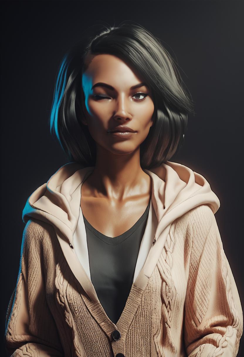 <lora:Camila-PXL:1> Camila-PXL, Camila, dark-skinned female, black background, simple background, portrait, hooded cardigan, wink, realistic, score_9, score_8_up, score_7_up, score_6_up, score_5_up, score_4_up,, score_9, score_8_up, score_7_up, score_6_up, score_5_up, score_4_up,