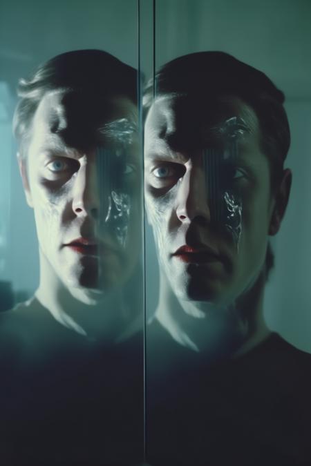 <lora:Director David Lynch style:1>Director David Lynch style - double exposure mirror reflection, face morphing into demeon, demon face and normal face in mirror in double exposure, man standing in front of mirror, his reflection is morphing into a demon, double exposure on mirror of his normal face and the face of a demon, still from a music video, film photograph, disposable film camera, cinematic, real, natural, hyperealism