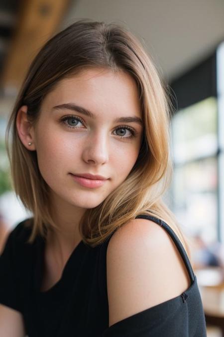 啎䥃佄䔀(1girls, a photo of pretty student girl), age 18, (blonde hair), wearing black shirt, shy, nervous, eye contact, looking at another, indoors, inside a cafe shop, (realistic, photorealistic),upper body,(head and shoulders closeup:1.2), detailed face, detailed skin with visible pores, detailed background, ((best quality, masterpiece)),RAW photo,8k,soft lighting,high quality,sharp focus on subject, portrait profile photo