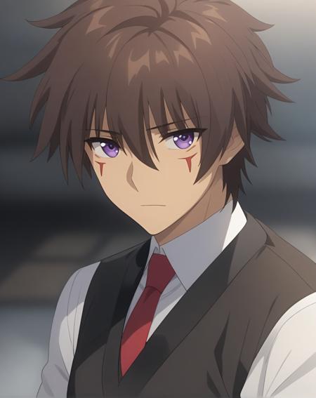 sai akuto, facial mark, brown hair, short hair, hair between eyes, bangs, purple eyes red eyes