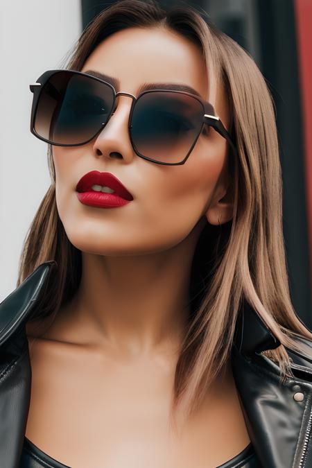 (<lora:ndoshi:0.5>), hyperrealistic, RAW, shot on red, (fashion makeup1.4), ((black small square sunglasses)), (reflection in sunglasses:1.4), (leather jacket:1.2), red lipstick