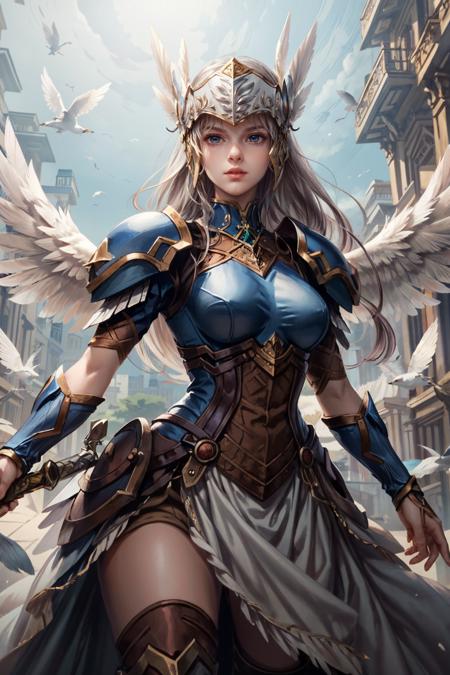 (masterpiece, best quality) <lora:epi_noiseoffset2:1>  <lora:add_detail:0.7>  <lora:ValkyrieProfileLenneth:0.8>
ValkyrieProfileLenneth, 1girl, long hair, blue eyes, blonde hair, holding, weapon, wings, solo focus, sword, holding weapon, armor, bird, holding sword, helmet, feathers, shoulder armor, feathered wings, pauldrons, angel wings, breastplate, armored dress, winged helmet, valkyrie