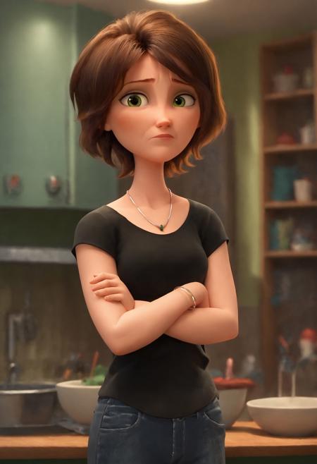 auntcass, 1girl, brown hair, short hair, solo, black shirt, necklace, green eyes,  jeans, bracelet