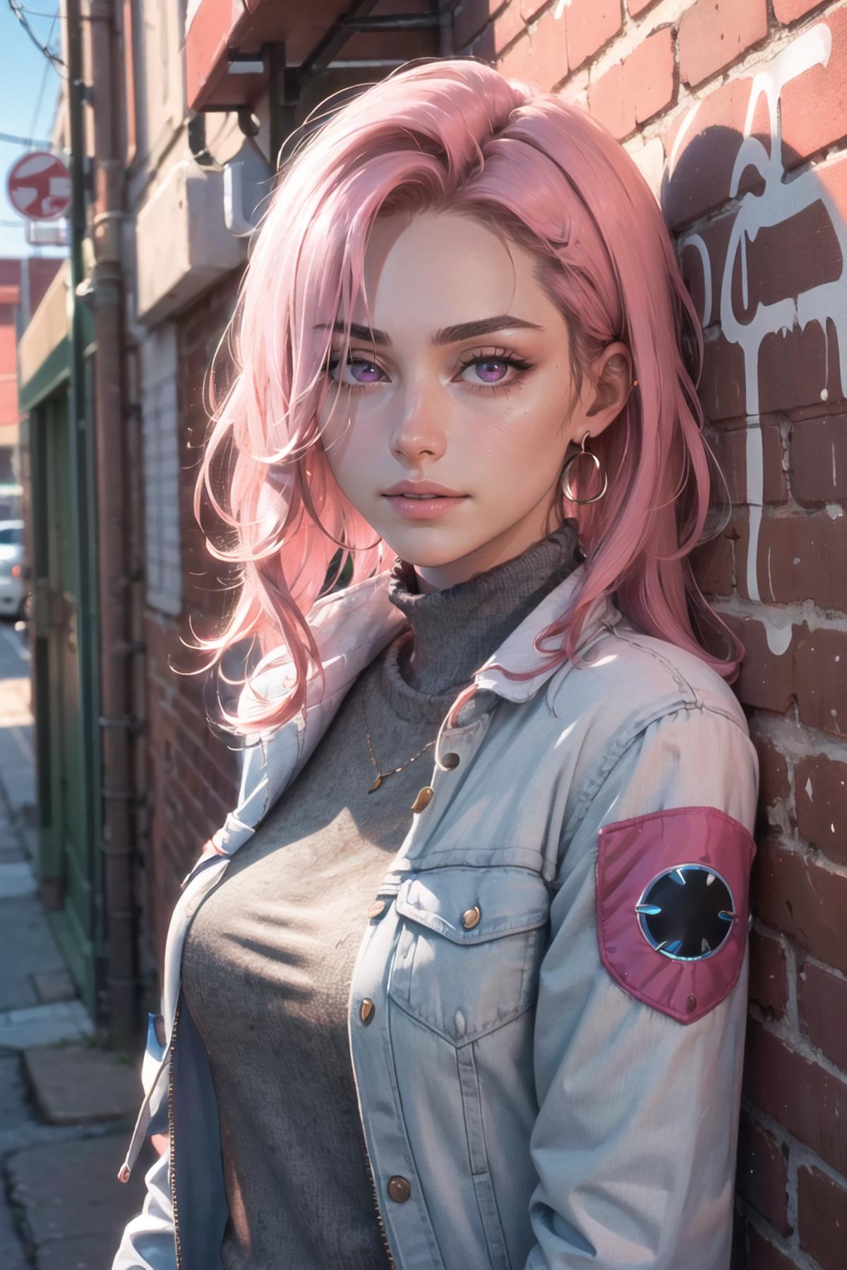 Pink-haired woman in a denim jacket with a black patch on the sleeve.