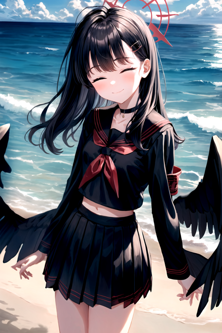 <lora:IchikaV1:0.75>, swept bangs, sidelocks, black serafuku, black sailor collar, pleated skirt, hairclip, black choker, red neckerchief, red armband, (black wings:0.9), long sleeves, red halo, eyes closed, :>, beach, ocean, scenery, happy, (best quality, masterpiece:1.4), 1girl