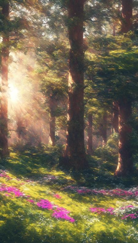 scenery, flower, forest, grass, nature, sunlight, sunset, masterpiece, best quality,