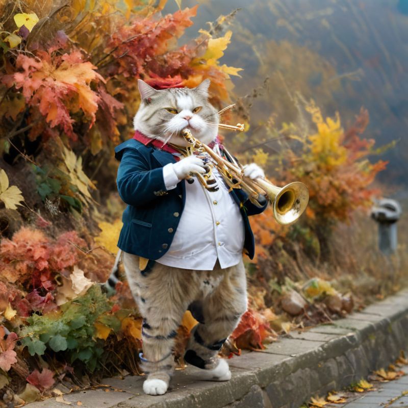 A cat dressed as a musician playing a trumpet in a colorful field.