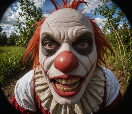 fisheye lens, mad scientist, evil clown,eyes red <lora:more_details:1.5>, wildlife photography, capturing nature's beauty, breathtaking landscapes, immersive experience, storytelling through imagery, showcasing wildlife behavior, sharp details, evocative composition, unique perspective