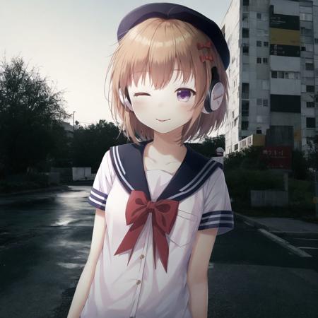 <lora:anime_irl:1>, anime_irl,  a city street at night with cars parked on the side of the road and a billboard on the building, 1boy, 1girl, :p, bass clef, birthday, black sailor collar, blonde hair, bow, closed eyes, detached sleeves, english text, hair bow, hair ornament, hairclip, happy birthday, headphones, highres, navel, neck ribbon, nuko 0108, ribbon, sailor collar, sailor shirt, shirt, short hair, short sleeves, smile, tongue, tongue out, treble clef, violet eyes, white background, white bow, white headwear, white shirt, yellow ribbon