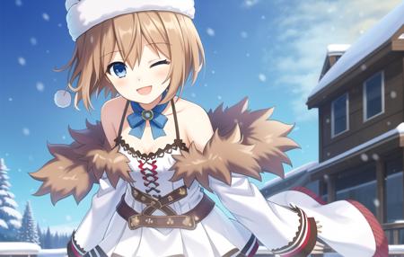 Masterpiece, Best quality, 4k resolution, beautiful eyes, 1girl, Outside, snowy, winter, Blanc, hat, fur trim, blue eyes, brown hair, short hair, dress, looking at viewer, coat, white dress, bare shoulders, spaghetti strap, off shoulder, wide sleeves, long sleeves, tachi-e, short dress, bare legs, fur-trimmed coat, arms out, eyes closed, happy, walking, flat chested,