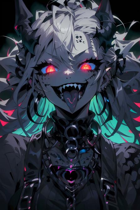 (ultra-detailed), (masterpiece), (best quality), (depth of field), (sharp focus), (cinematic lighting), (vibrant colors),   <lora:PSYCHOPHONKY:1>  1girl, crazy smile, fangs, tongue sticking out, glowing eyes, gothic style, dark make-up, black tattoos, silver piercings, psychotic,