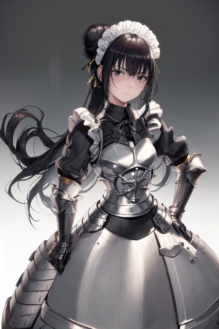 1girl, maid, solo, black hair, hands on hips, apron, maid headdress, single hair bun, black eyes, hair bun, looking at viewer, maid apron, (armor, armored dress,:1.2),  emotionless, narberal_gamma,  <lora:Narberal Gamma v1_1:0.75>