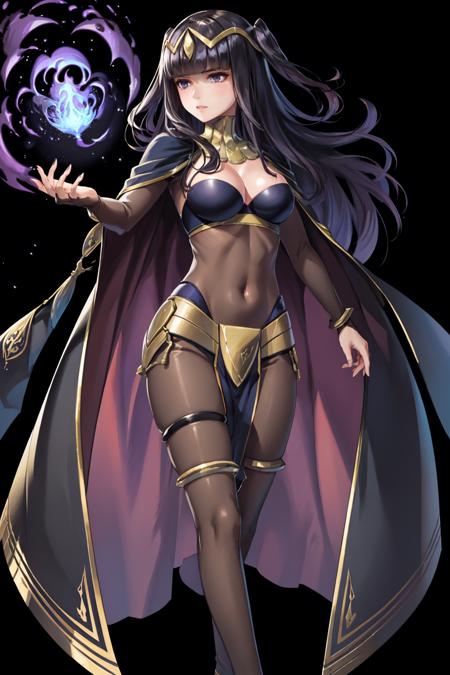 masterpiece, best quality, defTharja, tharjabodysuit, bodystocking, pelvic curtain, black cape, whole body, black background, simple background, FEH, (purple theme:1.4), raised arm, casting magic <lora:tharja-nvwls-v2-000010:0.9> <lora:FEH_Concept_v2:1>