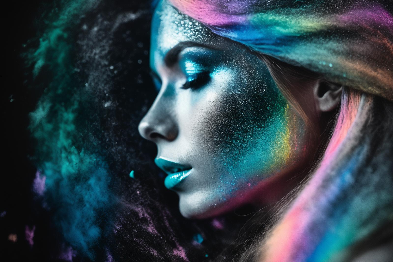 A woman with makeup on her face and a rainbow effect on her hair.