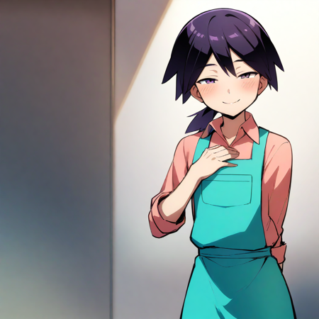 1boy, male focus, purple hair, ponytail, apron, pink shirt, collared shirt, aqua apron, cowlick,