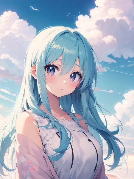 big  eyes girl, colorful hair,  on cloud,  (pastel color:1.3) , (anime:1.3) <lora:boldline2:-0.8>